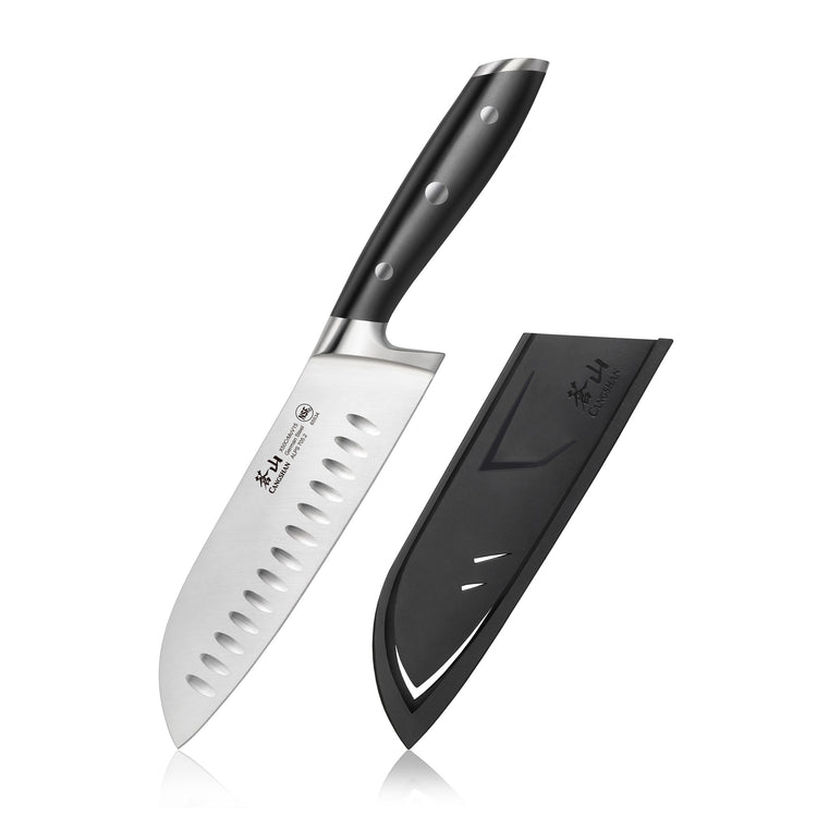 Santoku knife with a black handle and a stainless steel blade featuring oval indentations, next to a black protective sheath.