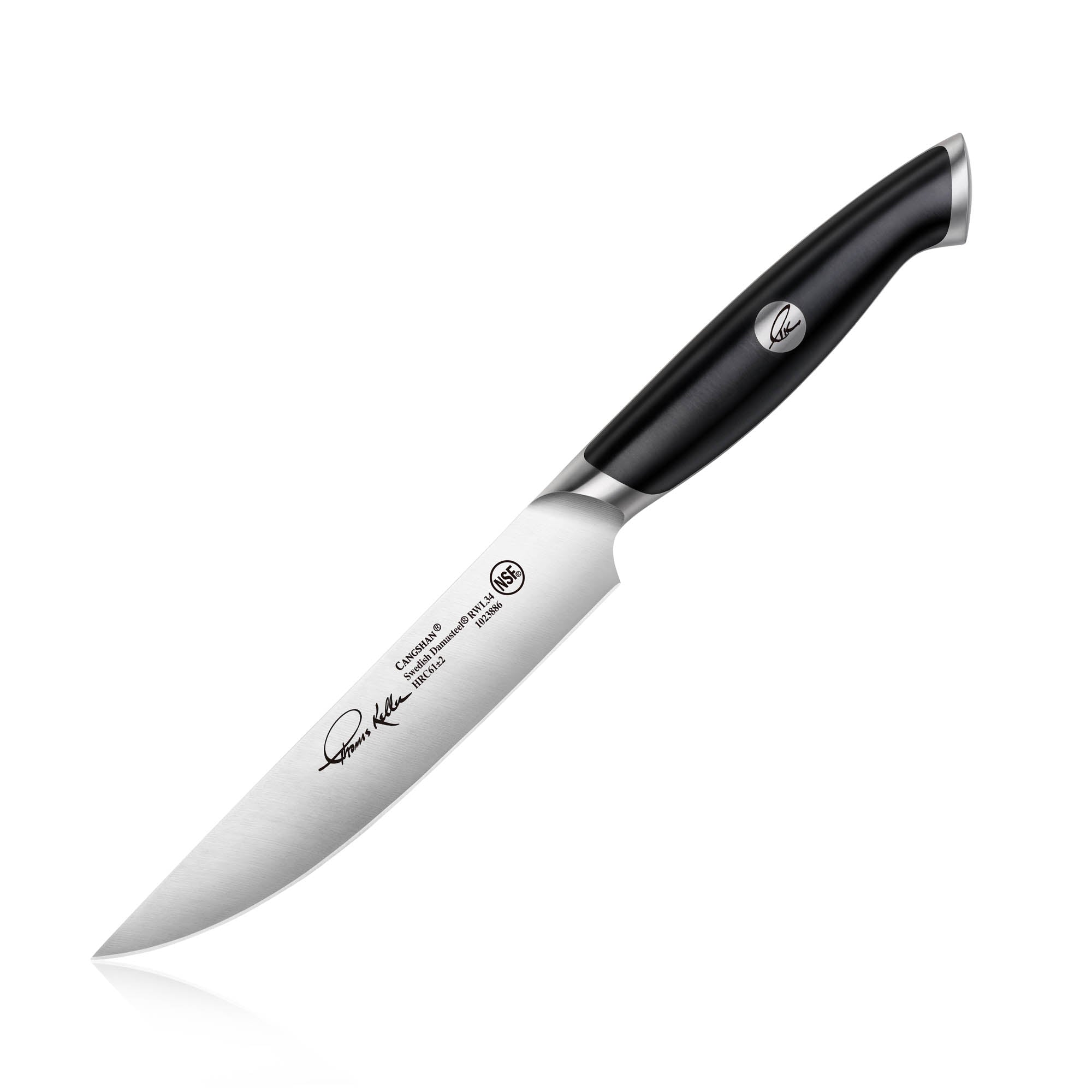 TKSC 5-inch steak knife with black ergonomic handle and fine-edge forged Swedish powder steel blade.