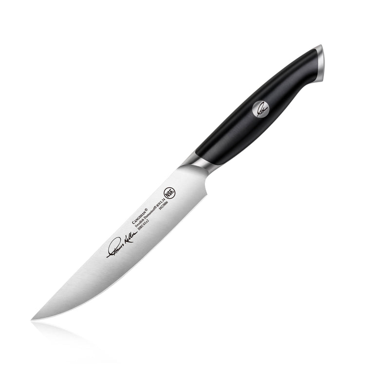 TKSC 5-inch steak knife with black ergonomic handle and fine-edge forged Swedish powder steel blade.