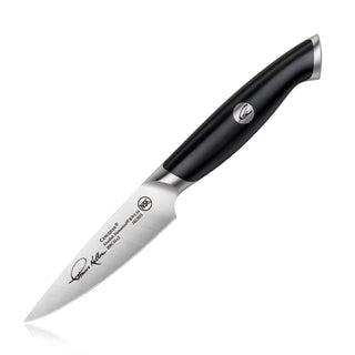 
                    
                      3.5-inch paring knife with black ergonomic handle and stainless steel blade featuring engraved text and signature.
                    
                  