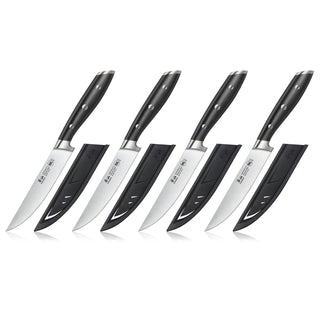 
                    
                      Four black-handled steak knives with stainless steel blades, each paired with a black protective sheath.
                    
                  