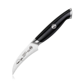 
                    
                      Peeling knife with curved stainless steel blade and black ergonomic handle featuring a metal emblem.
                    
                  