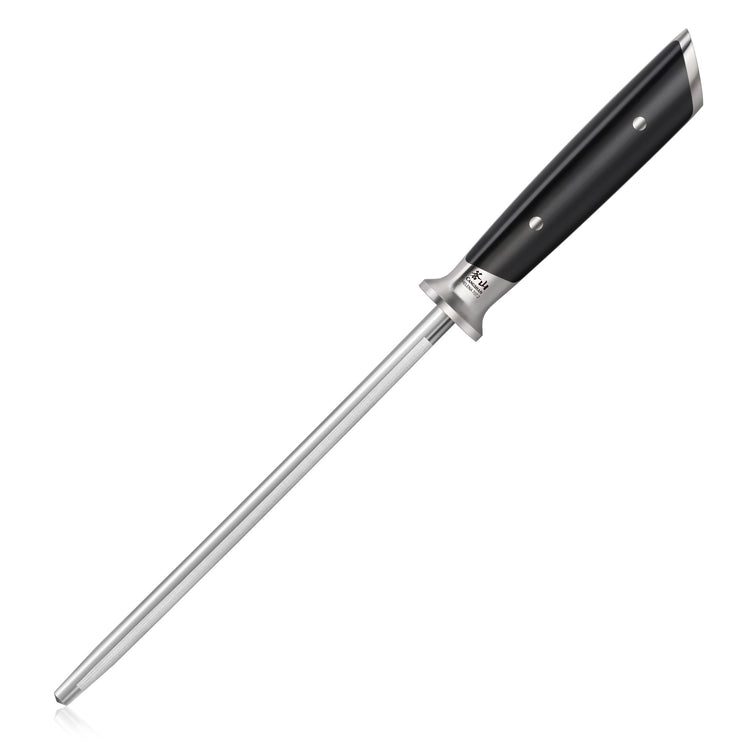 8-inch honing steel with a black handle and metal guard for knife sharpening.