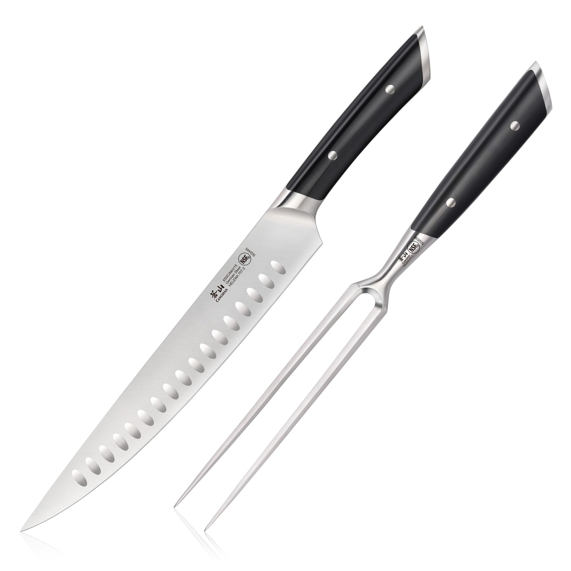 Carving knife with hollow edge and two-prong carving fork, both with black handles and metal rivets.
