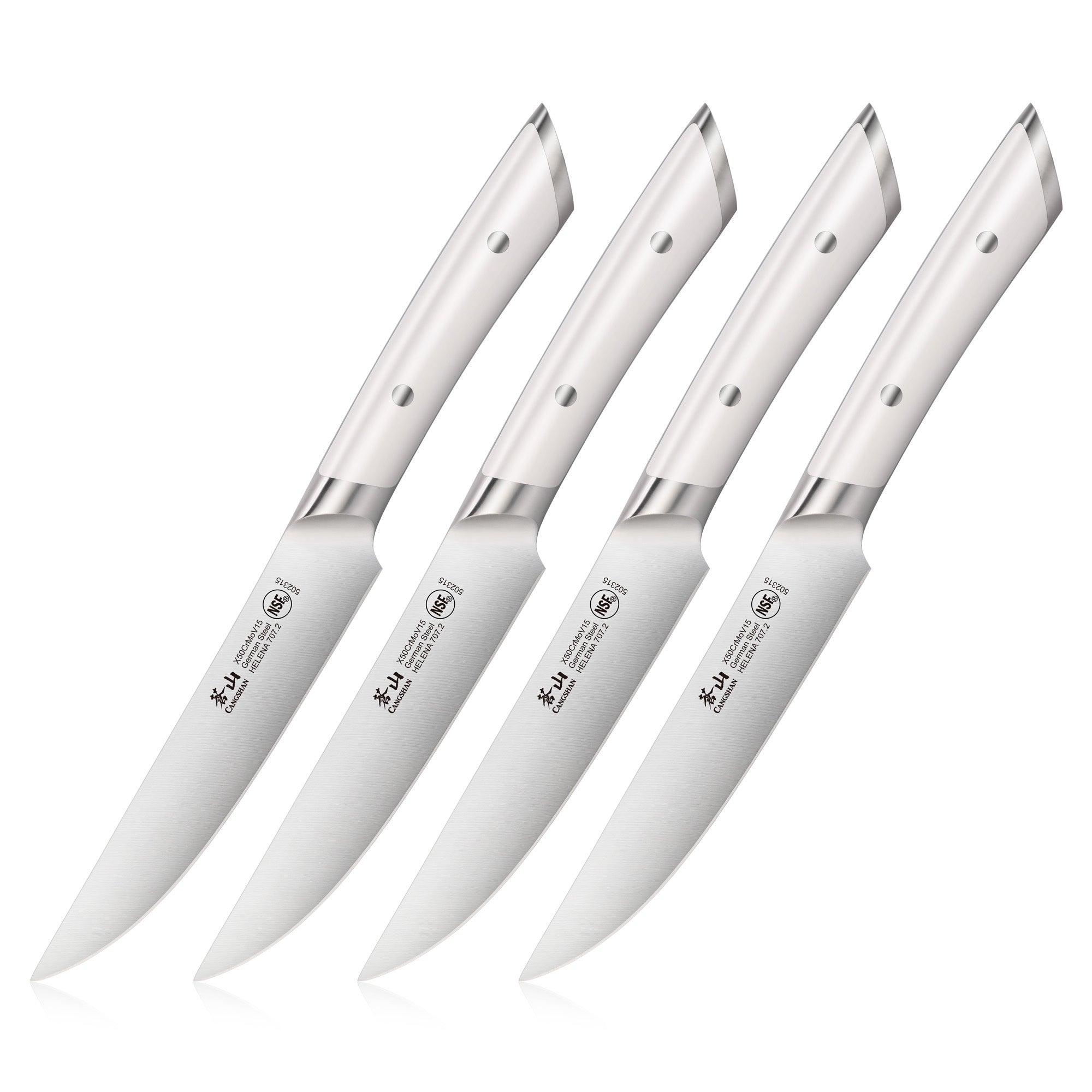 Set of four steak knives with white handles and stainless steel blades, each blade marked with brand and steel type.