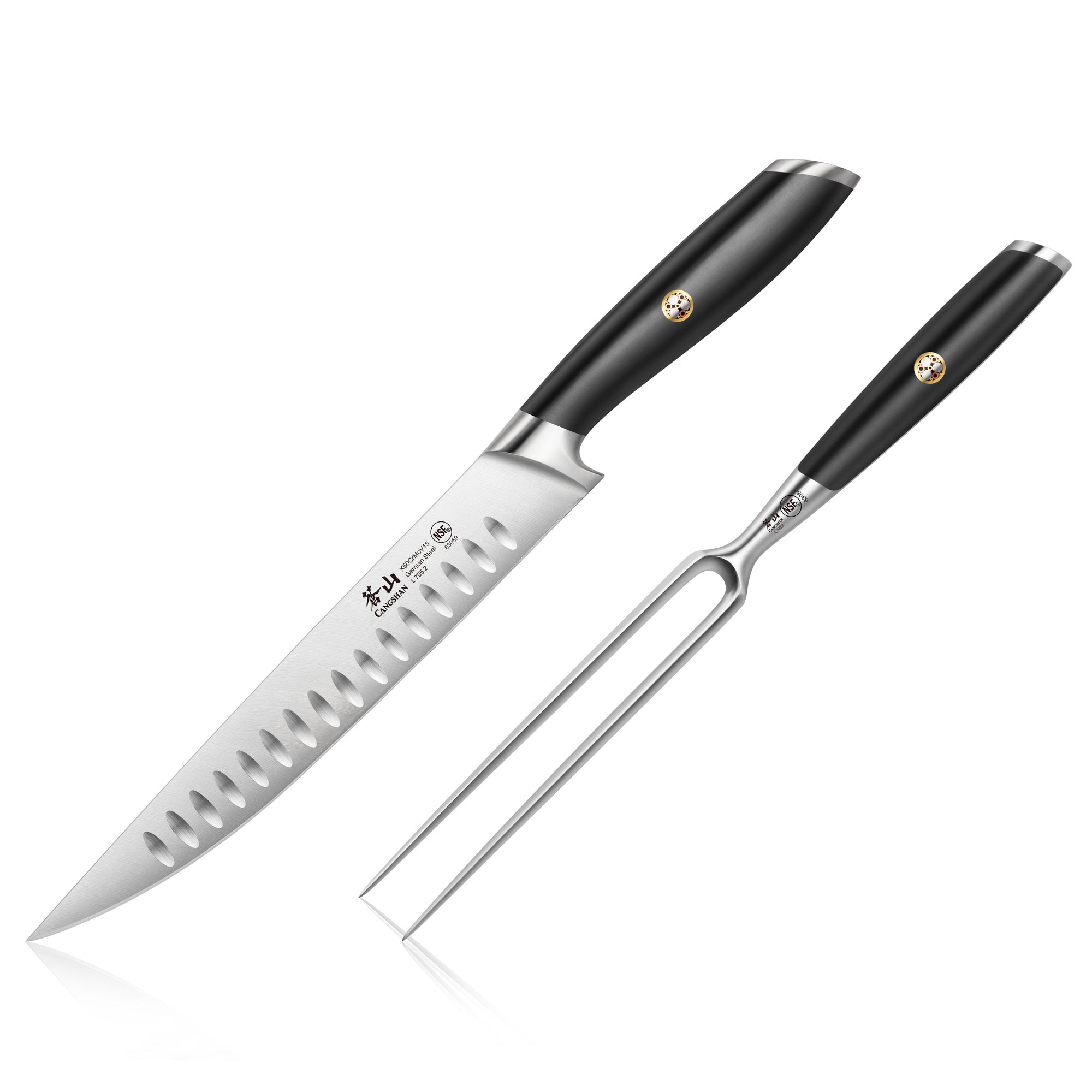 Carving knife with hollow edge and black handle alongside a two-prong carving fork with matching handle.