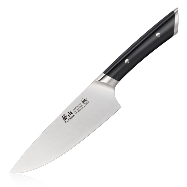 6-inch chef's knife with a stainless steel blade and black ergonomic handle with two rivets.