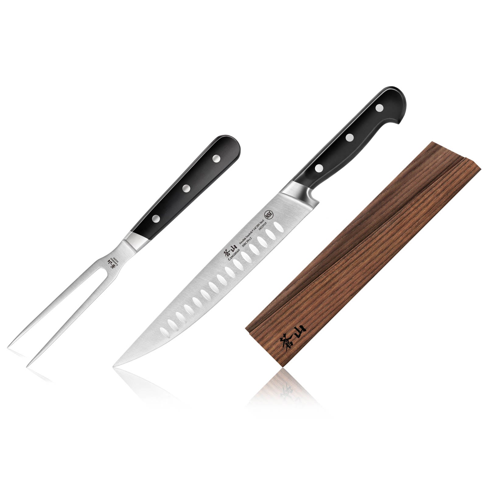 Carving fork and santoku knife with black handles next to a wooden knife sheath.