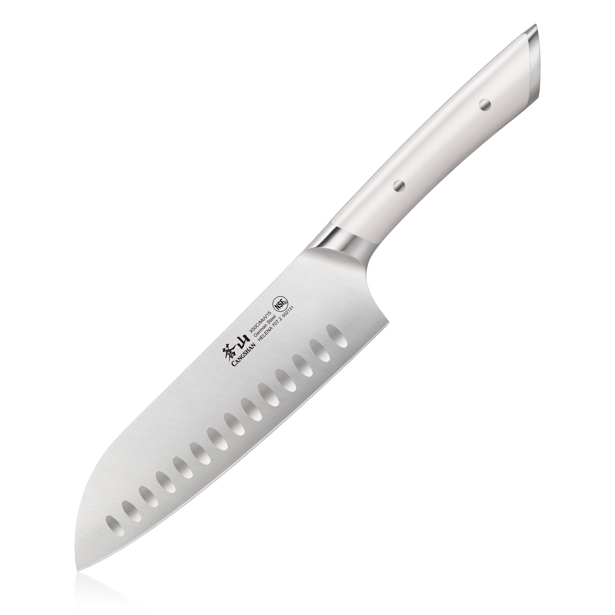 7-inch Santoku knife with a white handle and hollow edge blade made of forged German steel.