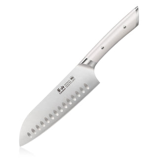 
                    
                      7-inch Santoku knife with a white handle and hollow edge blade made of forged German steel.
                    
                  