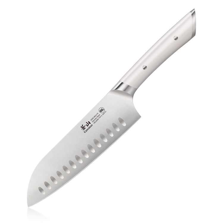 7-inch Santoku knife with a white handle and hollow edge blade made of forged German steel.