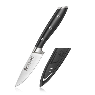
                    
                      3.5-inch paring knife with black ergonomic handle and stainless steel blade, shown with matching black protective sheath.
                    
                  