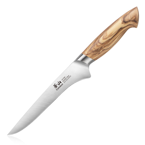 Boning knife with a curved stainless steel blade and a smooth olivewood handle.