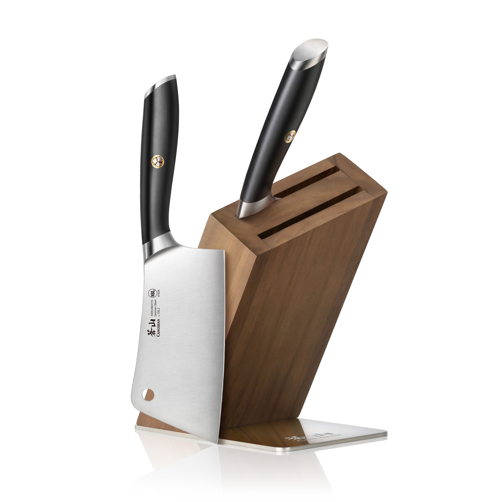 Wooden knife block holding two cleavers with black handles and stainless steel blades.