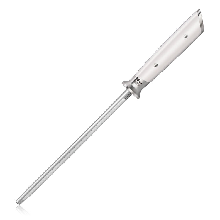 8-inch metal honing steel rod with a smooth cylindrical shaft and a polished ergonomic handle.