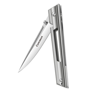 
                    
                      Slim, silver folding knife with a pointed blade and rectangular handle, blade marked with "CANGSHAN" logo.
                    
                  