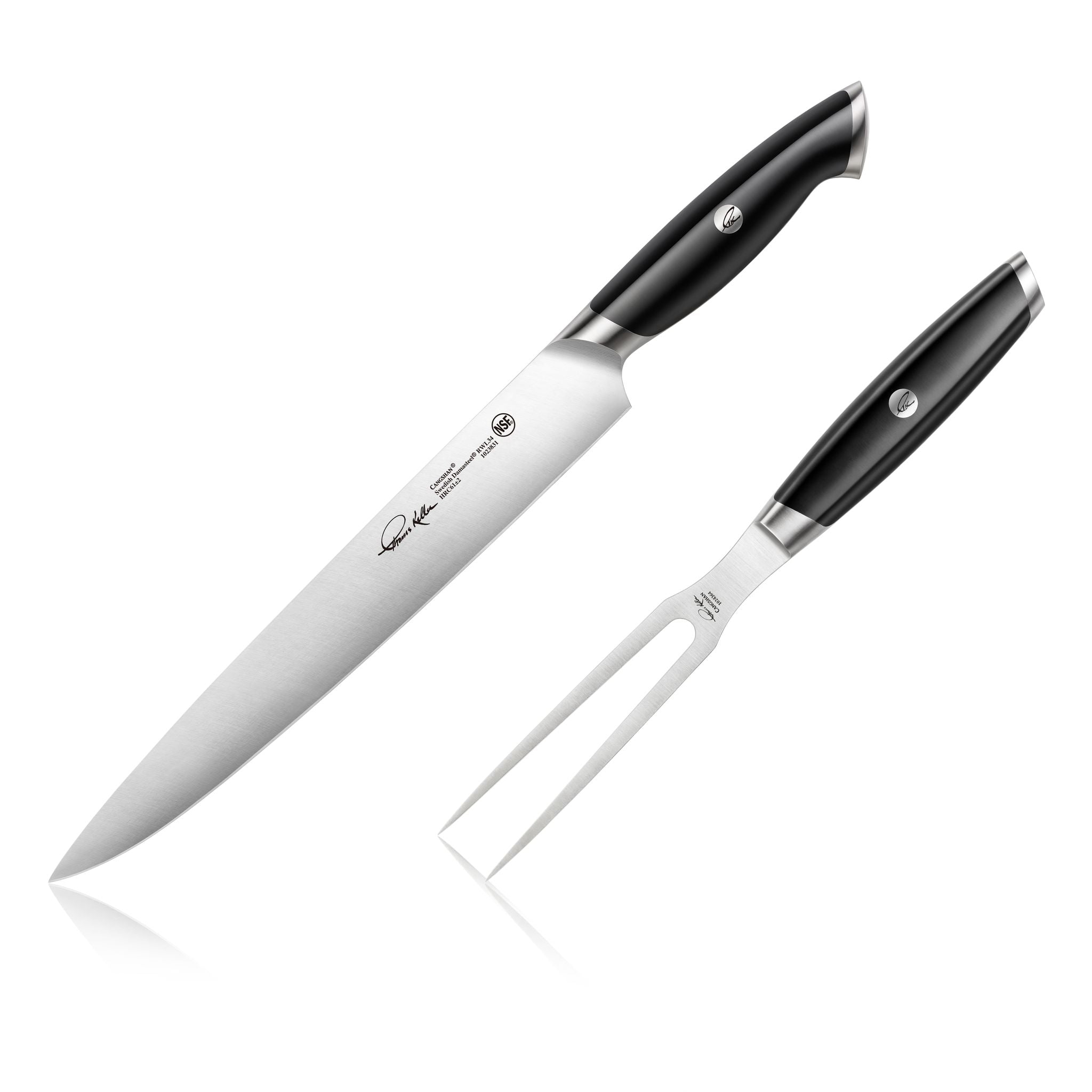 Two-piece carving set with a long stainless steel knife and a two-prong fork, both with black ergonomic handles.