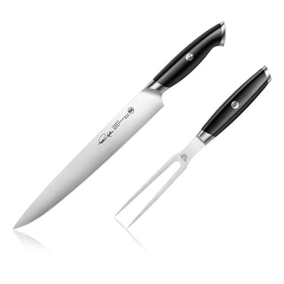 
                    
                      Two-piece carving set with a long stainless steel knife and a two-prong fork, both with black ergonomic handles.
                    
                  