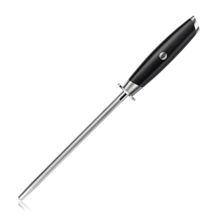 Diamond-coated 8-inch honing steel with black ergonomic handle and metal guard.