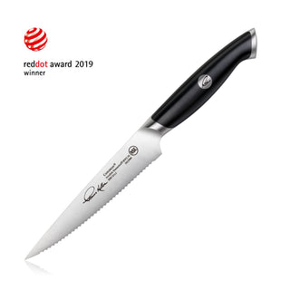 
                    
                      5-inch serrated utility knife with black handle and engraved signature on blade, Red Dot Award 2019 winner.
                    
                  