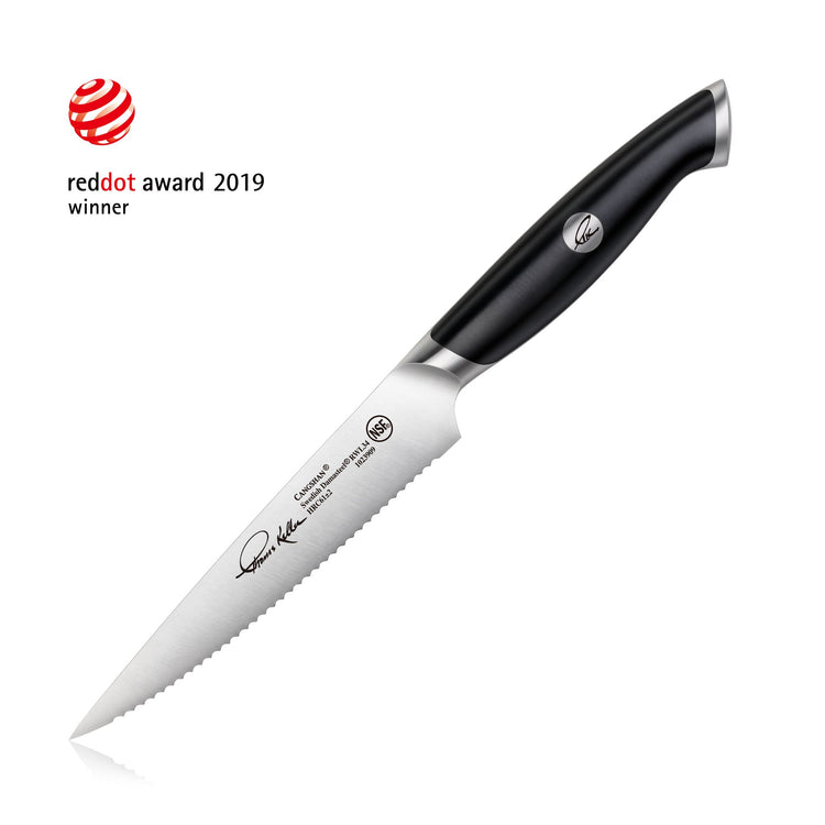 5-inch serrated utility knife with black handle and engraved signature on blade, Red Dot Award 2019 winner.