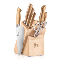 Knife block set with six knives, kitchen scissors, and a wooden block with natural maple finish.