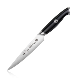 
                    
                      TKSC 5-inch fine-edge utility knife with black ergonomic handle and forged Swedish powder steel blade.
                    
                  
