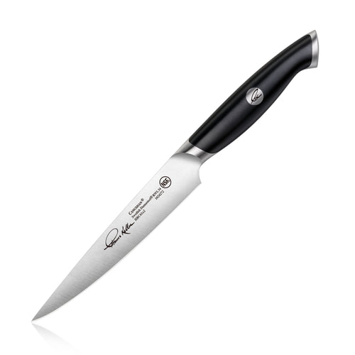 TKSC 5-inch fine-edge utility knife with black ergonomic handle and forged Swedish powder steel blade.