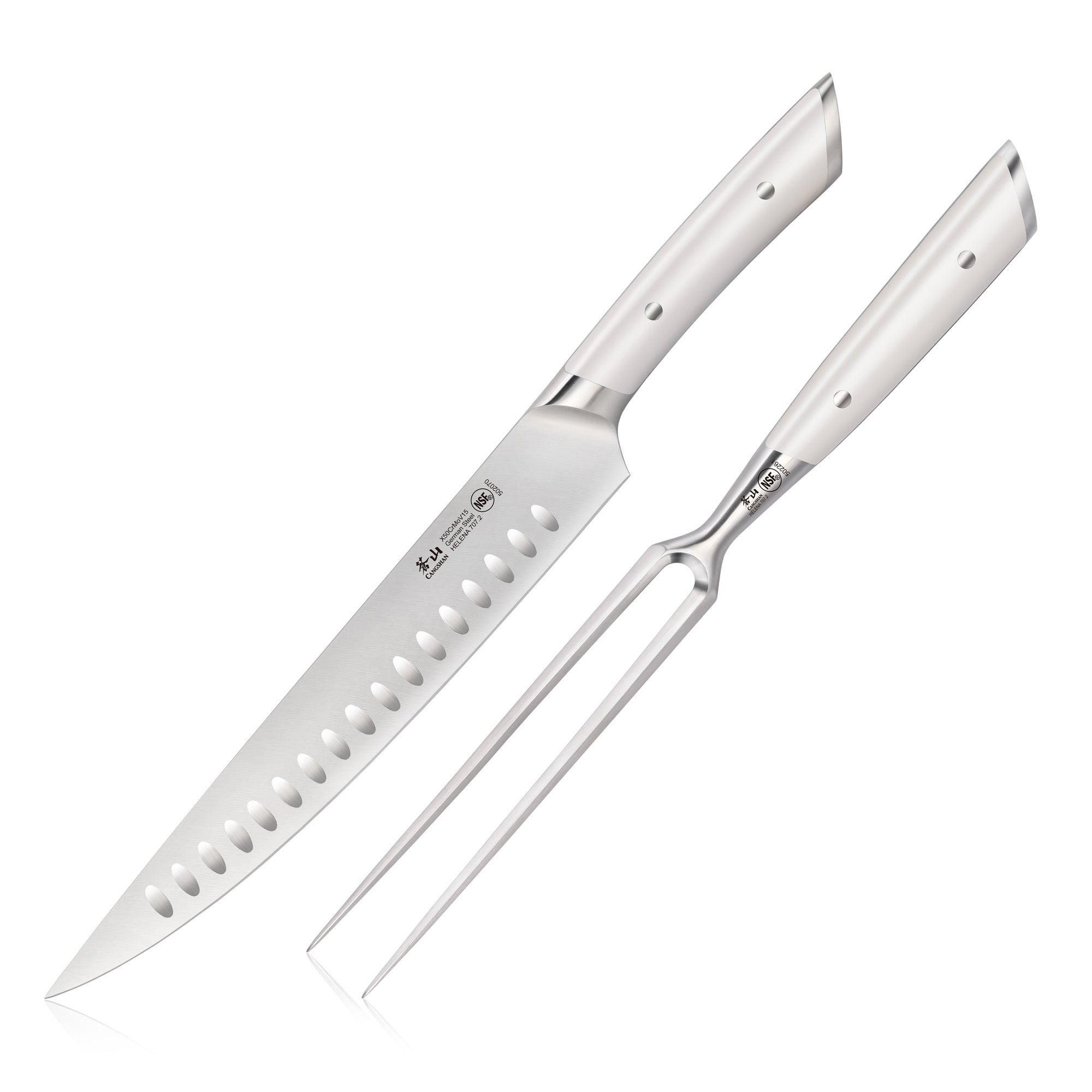 Two-piece carving set with a perforated blade knife and a two-prong fork, both with stainless steel handles.