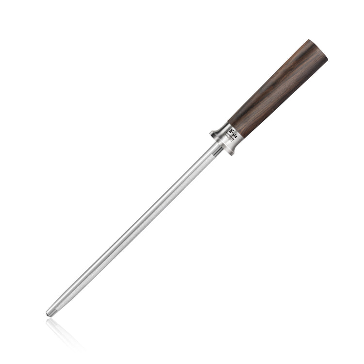 Honing steel with a long, smooth metal rod and a dark African Blackwood handle.