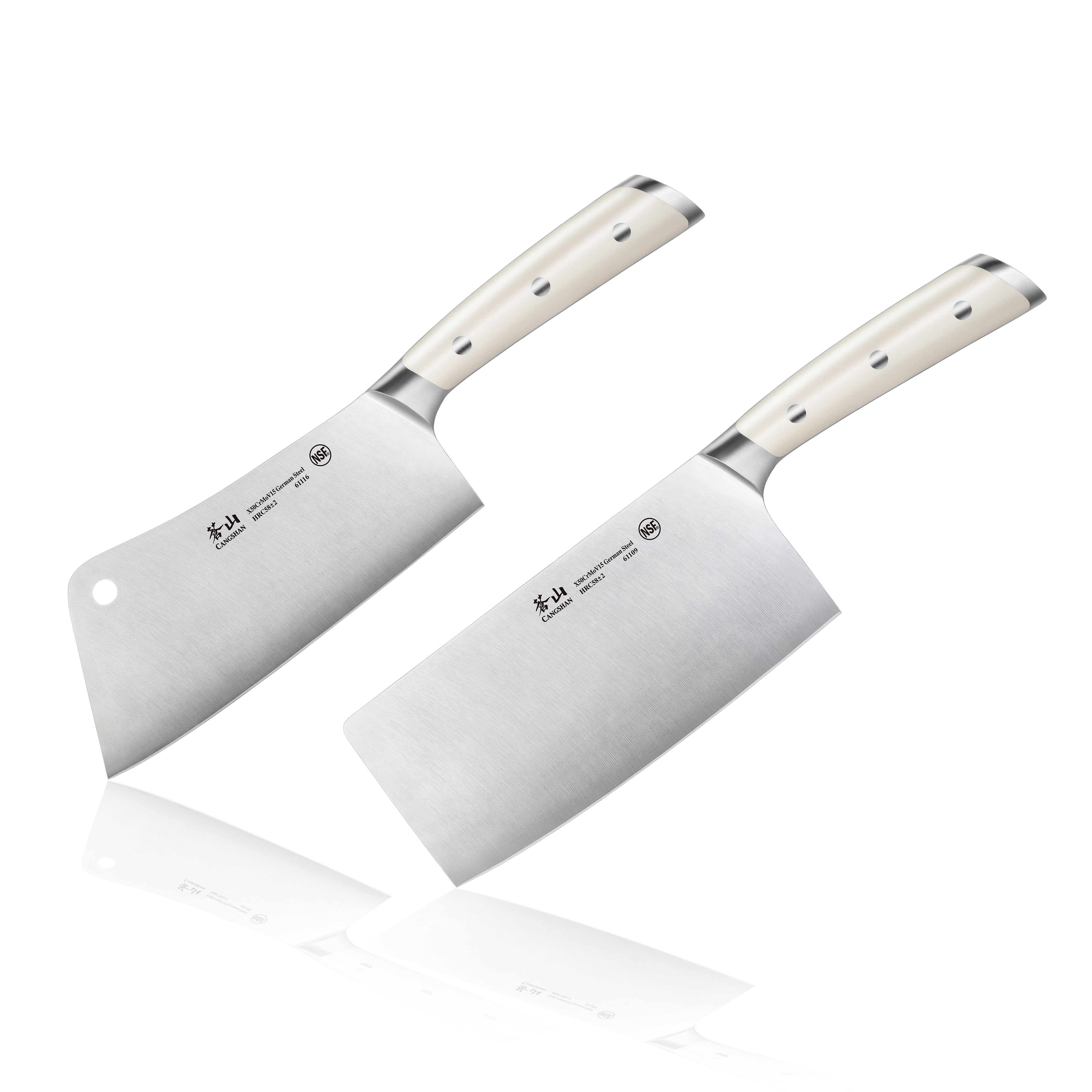 Two cleaver knives with white handles and stainless steel blades, one with a hole near the top corner.