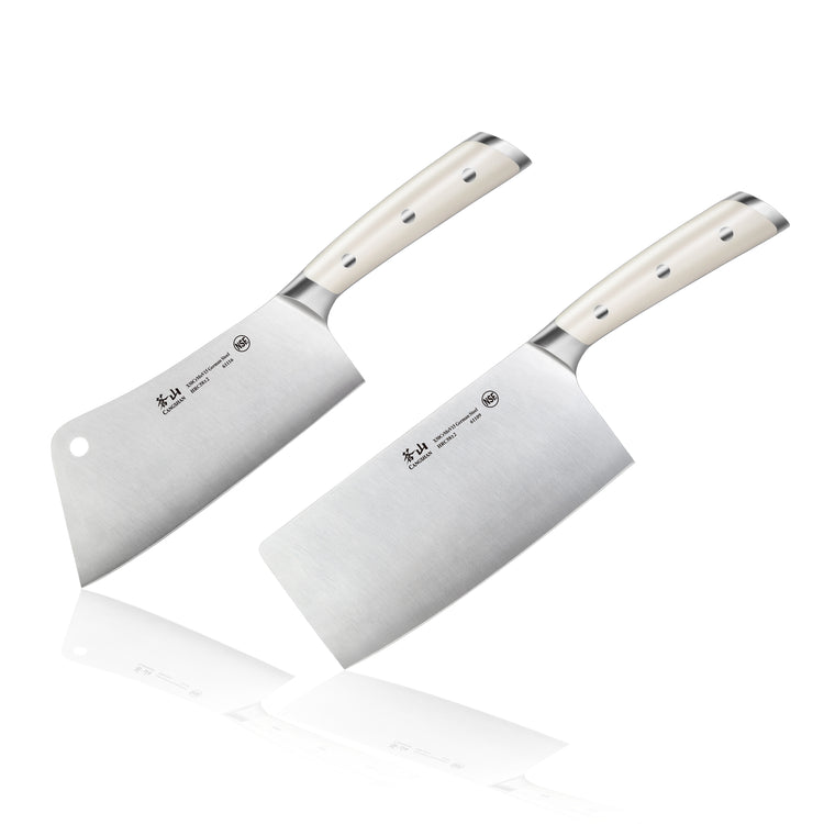 Two cleaver knives with white handles and stainless steel blades, one with a hole near the top corner.