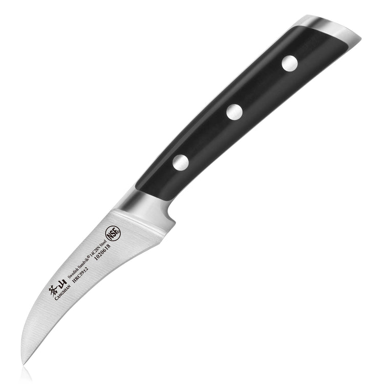 2.75-inch curved peeling knife with black handle featuring three rivets and stainless steel blade.