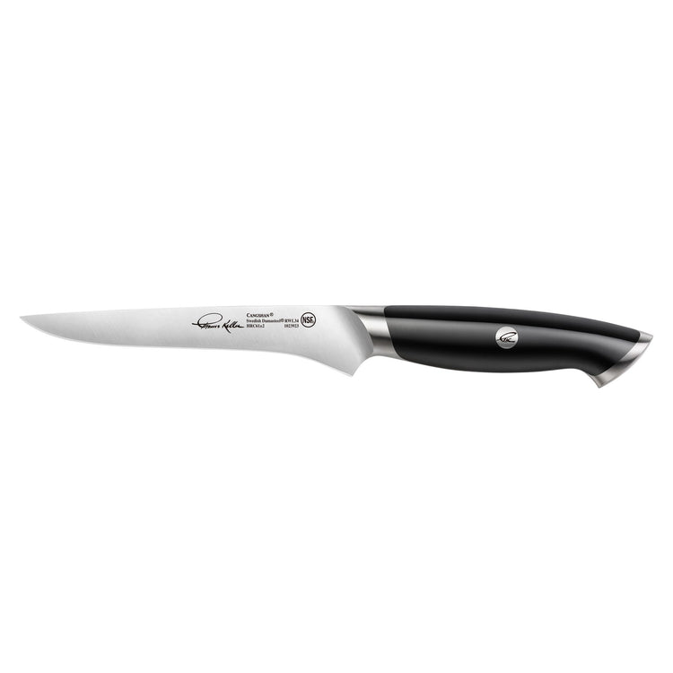 6-inch boning knife with a curved stainless steel blade and black ergonomic handle with metal accents.