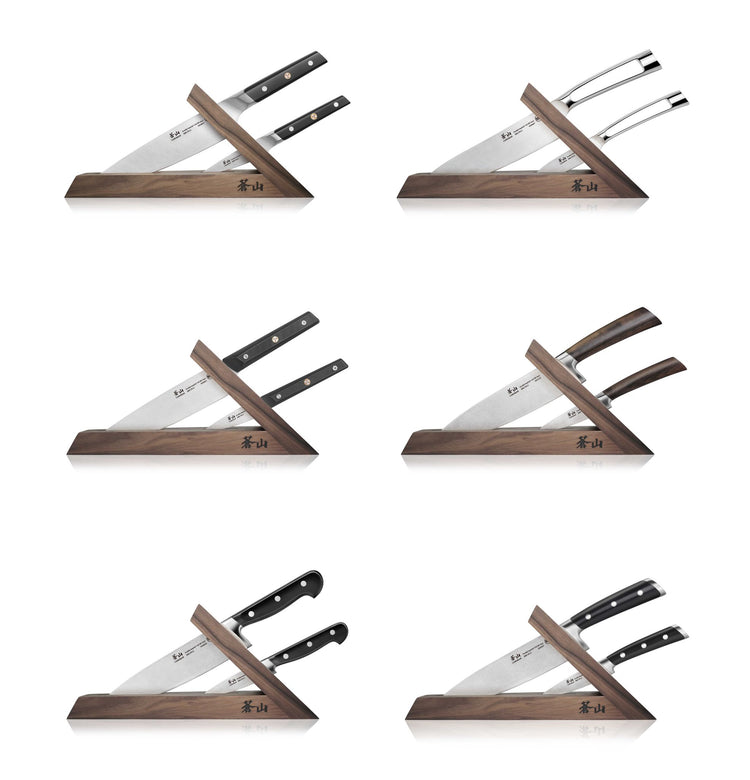 Six views of a triangular walnut wood knife block, each holding two different kitchen knives with various handle designs.