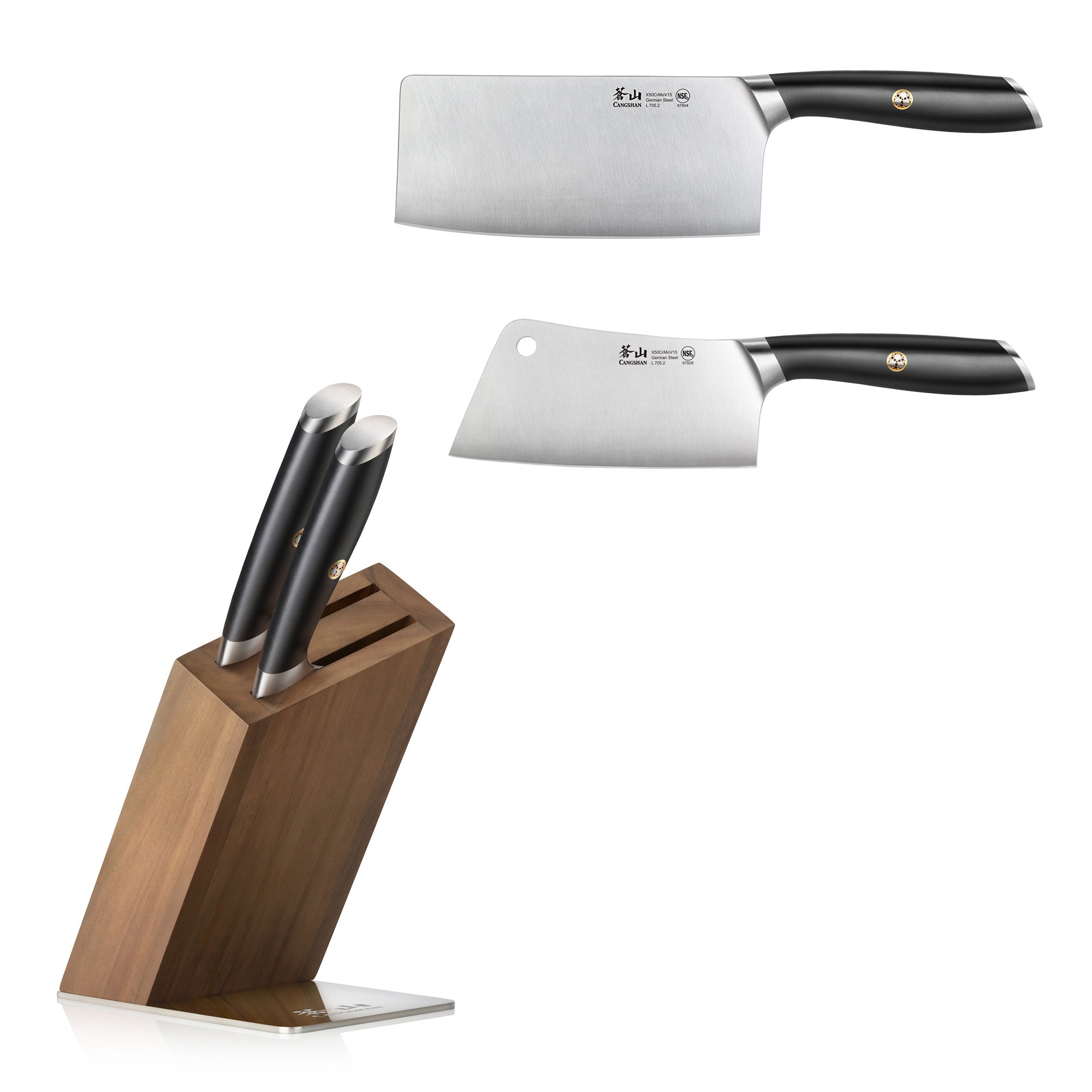 Two forged German steel cleaver knives with black handles and a slanted acacia wood knife block holding two knives.