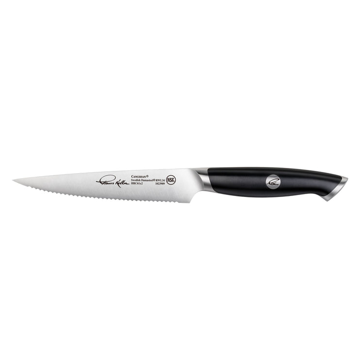 5-inch serrated utility knife with black ergonomic handle and stainless steel blade.