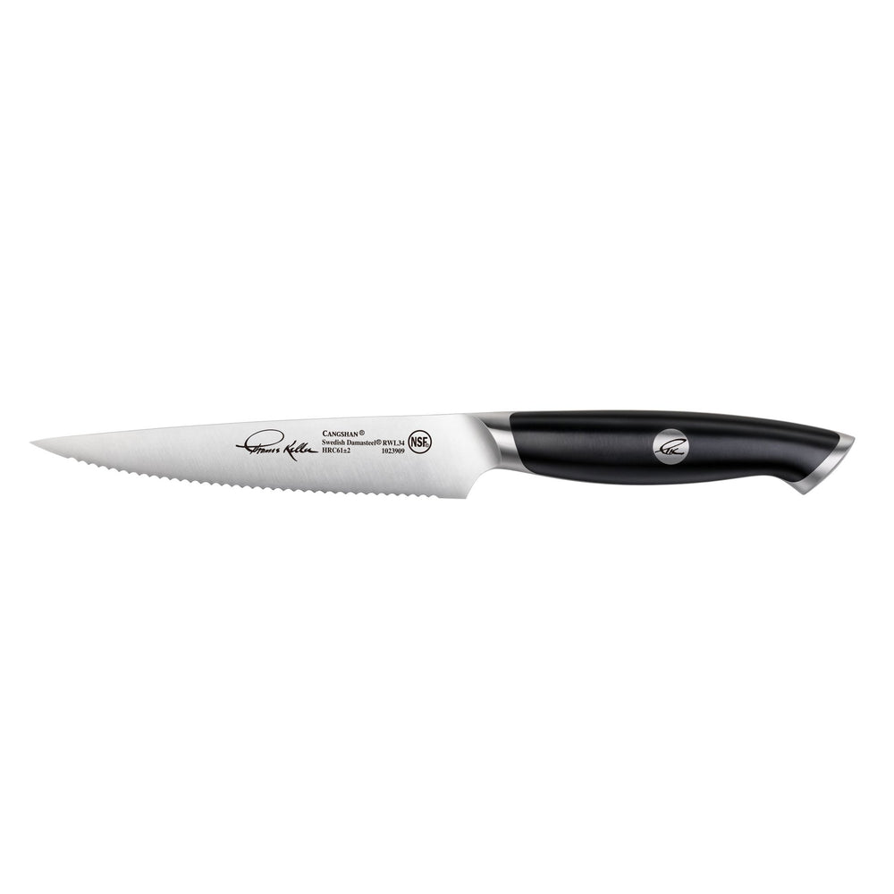
                  
                    Load image into Gallery viewer, TKSC 5-Inch Serrated Utility Knife, Forged Swedish Powder Steel, Thomas Keller Signature Collection, 1023909
                  
                