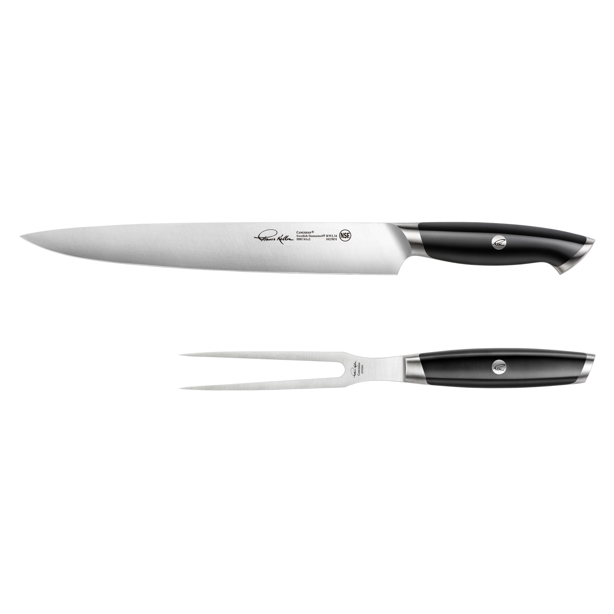 Carving knife and two-prong fork with black handles from Thomas Keller Signature Collection.
