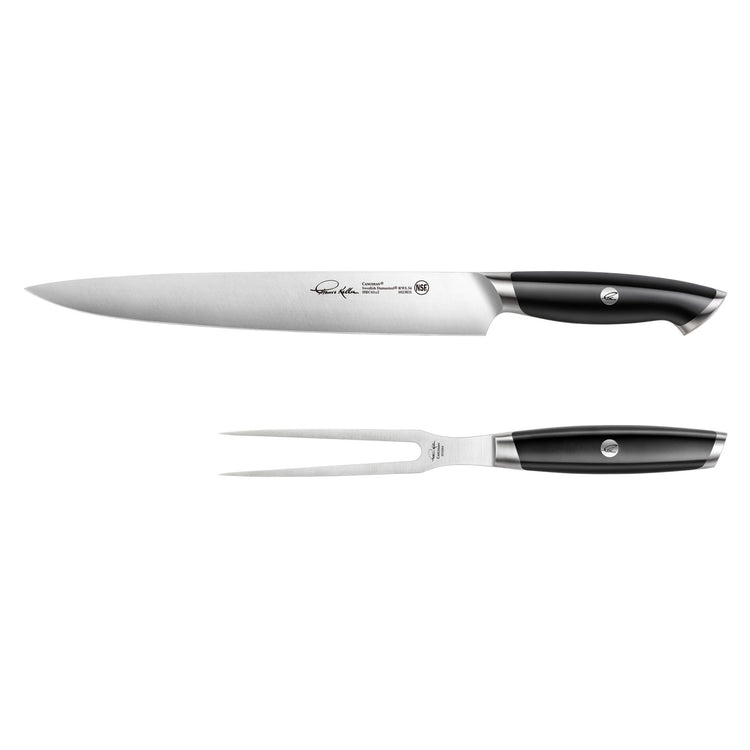 Carving knife and two-prong fork with black handles from Thomas Keller Signature Collection.