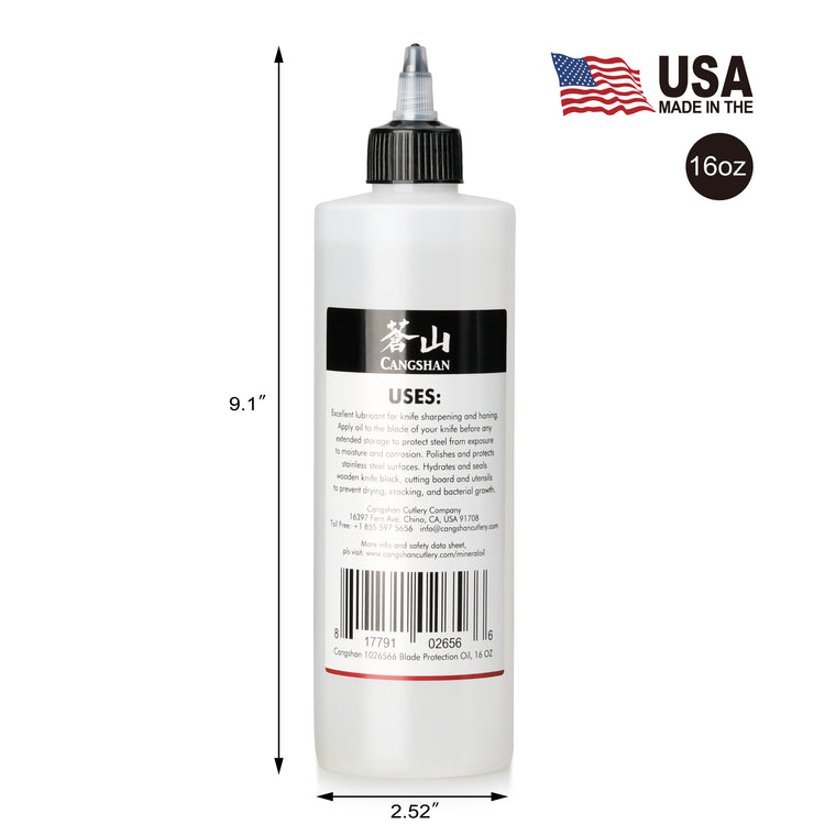 16oz white plastic squeeze bottle with black cap, labeled for blade protection oil, 9.1 by 2.52 inches, made in USA.