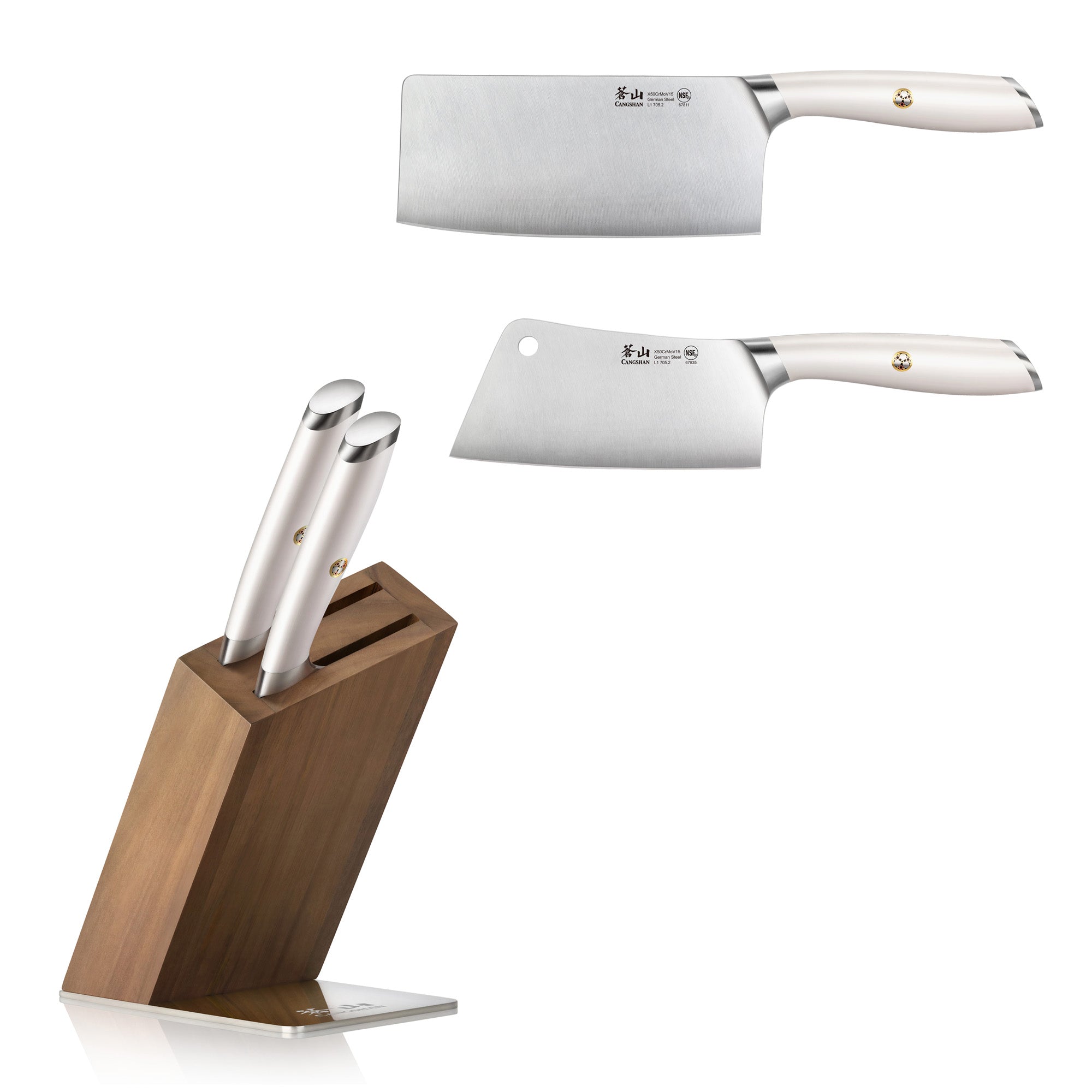 Three-piece cleaver knife set with white handles and a slanted acacia wood block.