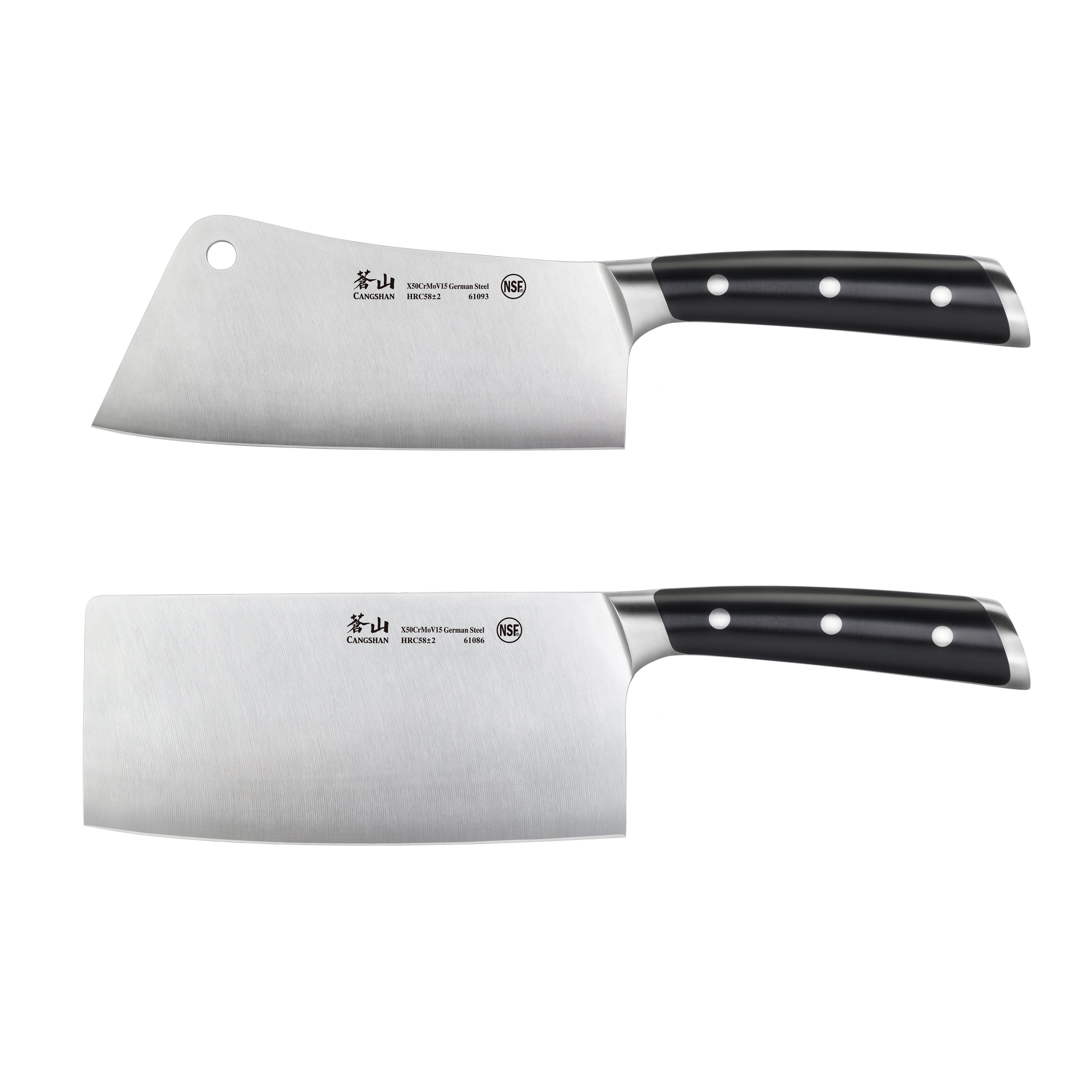 Two cleaver knives with black handles and stainless steel blades, one with a hole near the top corner.