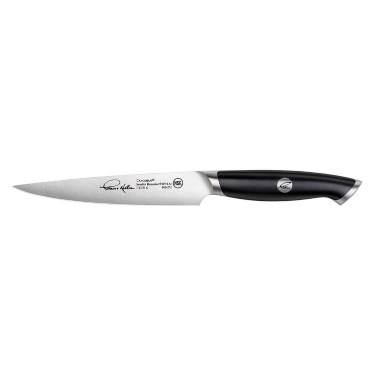 5-inch fine-edge utility knife with black handle and stainless steel blade, Thomas Keller signature on blade.