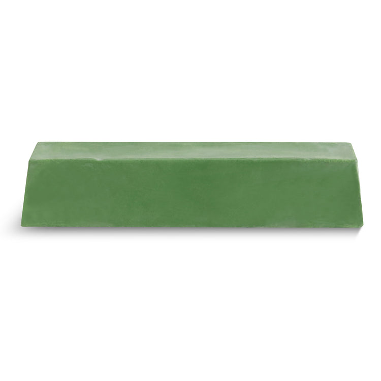Green rectangular honing polish compound bar with beveled edges on a white background.