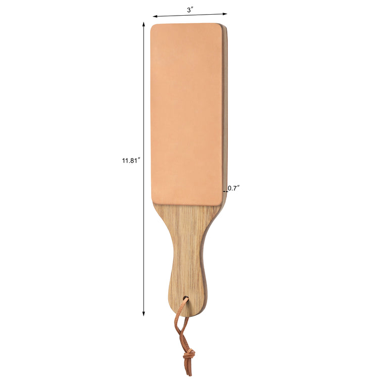 Leather paddle strop with wooden handle, measuring 11.81 by 3 by 0.7 inches, with hanging loop.