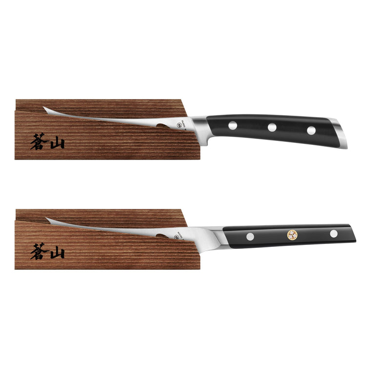 Two fillet knives with black handles resting on solid ash wood magnetic sheaths with black Japanese characters.