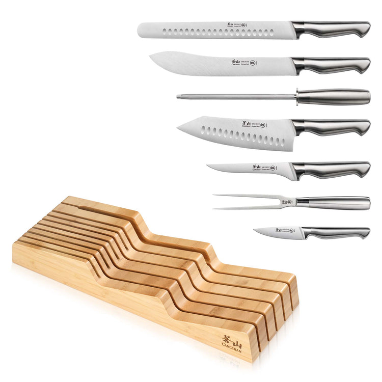 Eight-piece BBQ knife set with stainless steel blades and handles, displayed alongside a bamboo in-drawer storage tray.