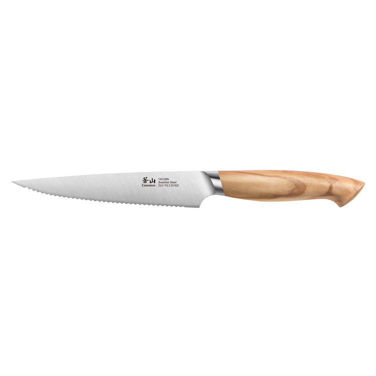 Serrated utility knife with a 5-inch stainless steel blade and smooth olivewood handle.