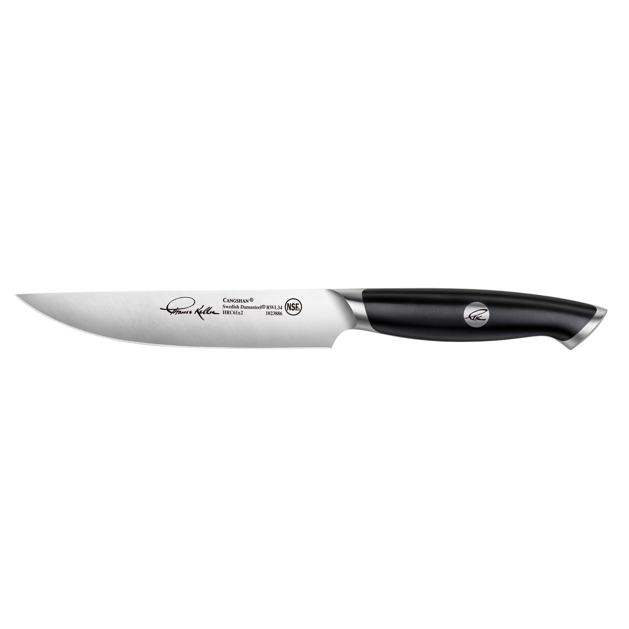 TKSC 5-inch steak knife with black ergonomic handle and fine-edge stainless steel blade, Thomas Keller Signature Collection.